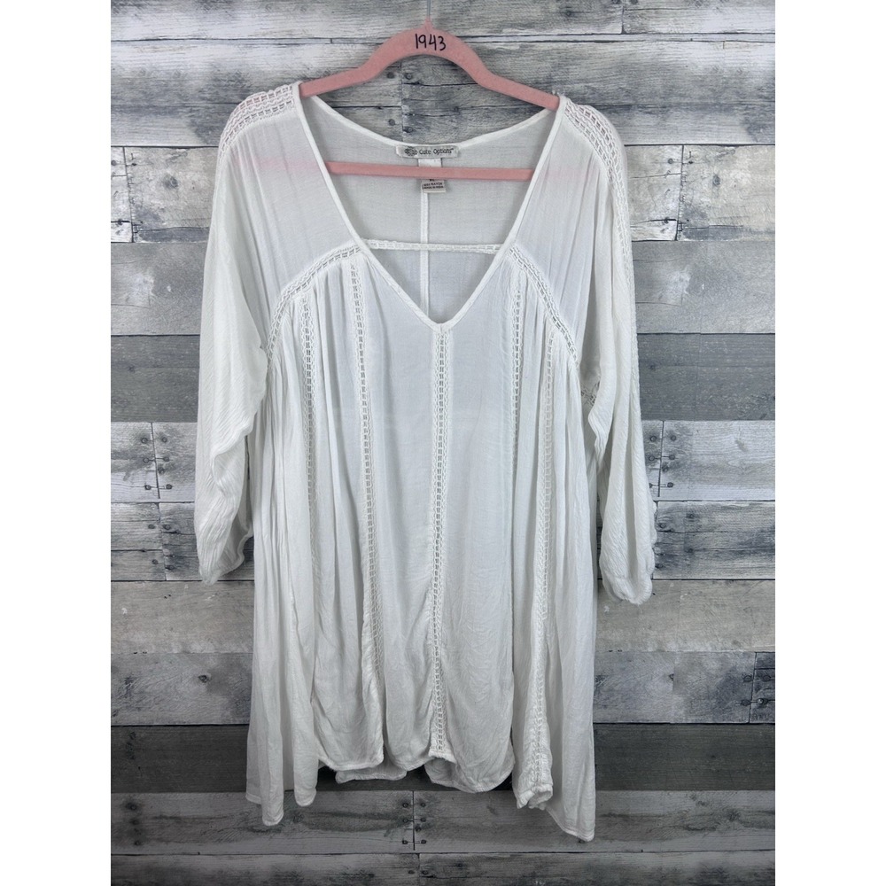 Cute Options XL Rayon Long Balloon Sleeve Sheer White Tunic